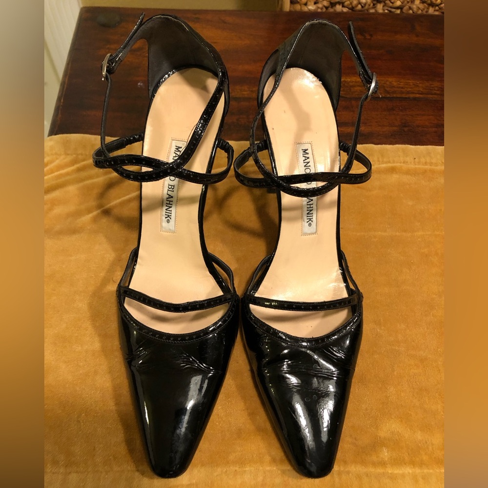 Manolo Blahnik Black Patent Pointed-Toe Strappy Heels